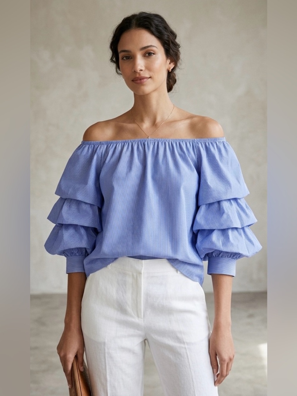 Zara Blue Striped Off-the-Shoulder Tiered Ruffle Blouse with pinstripe size XS